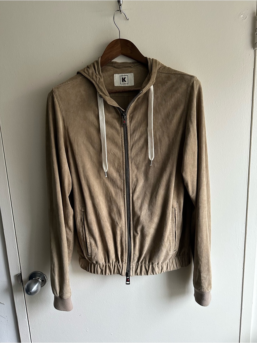 Kiton Kired Taupe Hooded Lambskin Leather Zip Lightweight Jacket EU52